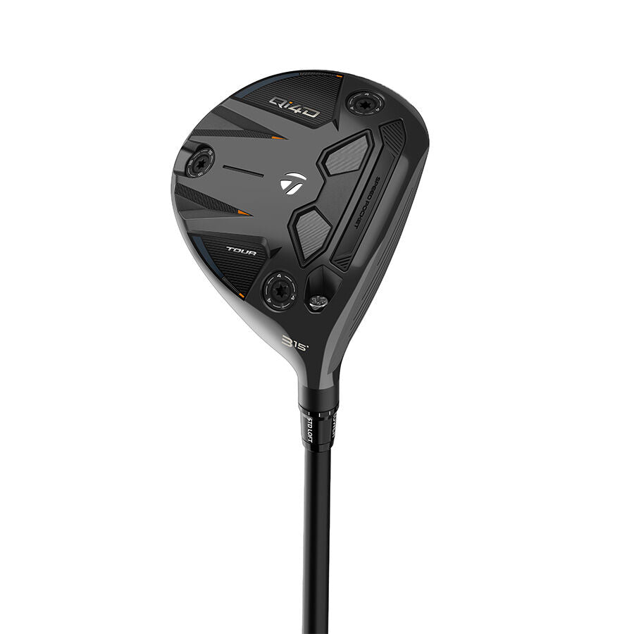 Sole of a TaylorMade Qi4D Tour fairway wood showing its three weight ports